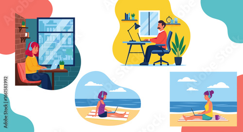 Individuals working remotely from diverse locations: home office, cafe, and beach. Showcases modern flexible work, digital nomad lifestyle, and adaptable productivity. Business concept.