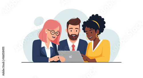 Three diverse business professionals smiling and collaborating around a tablet, showcasing successful teamwork and modern digital communication in a business setting.