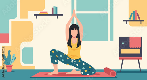 Woman practices yoga at home, finding calm and balance. Illustrates healthy living, mindfulness, and fitness for a serene lifestyle.