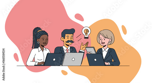 Diverse business team collaborating on laptops, sharing ideas and finding solutions in a creative work environment. Professional office concept.