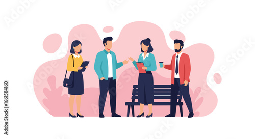 Diverse business professionals engage in discussion, illustrating collaboration, communication, and teamwork. Ideal for corporate, office, or meeting concepts.