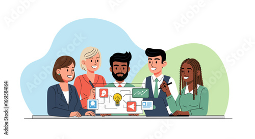 Diverse business team collaborates on new ideas and strategies, focusing on innovation and growth in a productive office meeting.