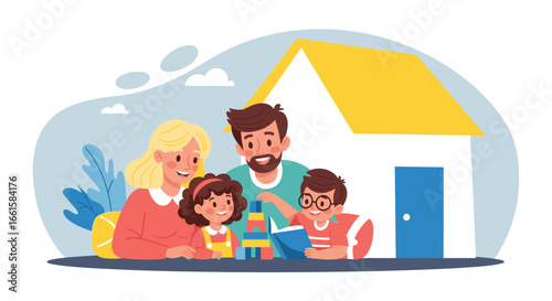 Happy family with two children enjoying quality time at home, a boy reading and a girl playing with colorful blocks. Illustrates family values, education, and childhood development.