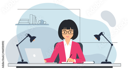 Professional woman in a pink blazer working diligently at her desk with a laptop and notebook, surrounded by office essentials, perfect for business and productivity themes.