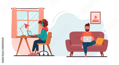 People working remotely from home, illustrating modern flexible work arrangements and online education. Ideal for business, technology, and lifestyle concepts.
