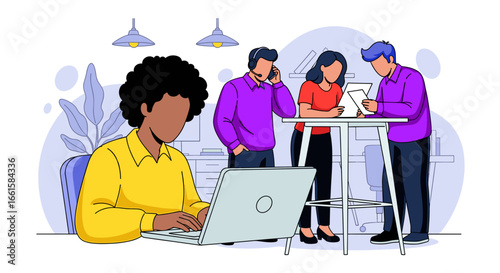 Diverse business team collaborating and working diligently in a modern office environment. Ideal for concepts of teamwork, productivity, and communication.