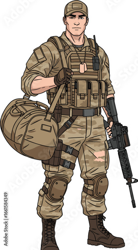 Military soldier in tactical uniform carrying duffel bag and assault rifle, armed forces man, combat-ready, army soldier illustration, security, defense, protection concept