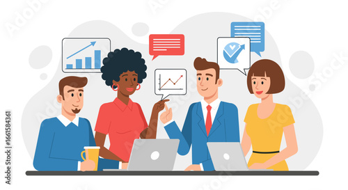 Diverse business team collaborating, analyzing data and discussing strategy in a meeting. Ideal for concepts of teamwork, success, and professional growth.