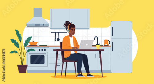Smiling person with headphones working on a laptop in a modern kitchen. Depicts remote work, online learning, or a comfortable home office lifestyle.