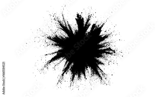 A dramatic burst of fine black powder exploding outward on a clean white background. Abstract ink-splash effect with scattered particles and dynamic energy.