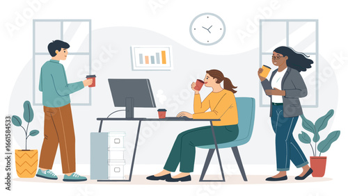 Diverse colleagues work and take coffee breaks in a modern office. Illustrates team collaboration, productivity, and a positive, engaging workspace environment.