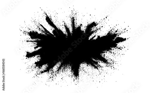 A dramatic burst of fine black powder exploding outward on a clean white background. Abstract ink-splash effect with scattered particles and dynamic energy.