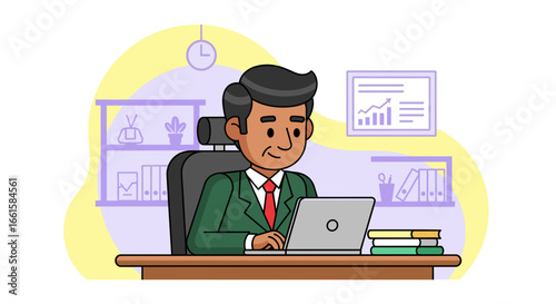 Professional businessman working diligently on laptop at his office desk. Represents productivity, finance, and career growth. Ideal for business, corporate, or financial themes.