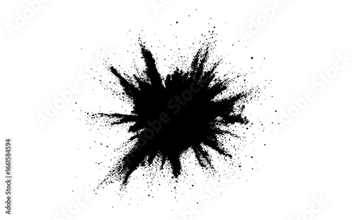 A dramatic burst of fine black powder exploding outward on a clean white background. Abstract ink-splash effect with scattered particles and dynamic energy.