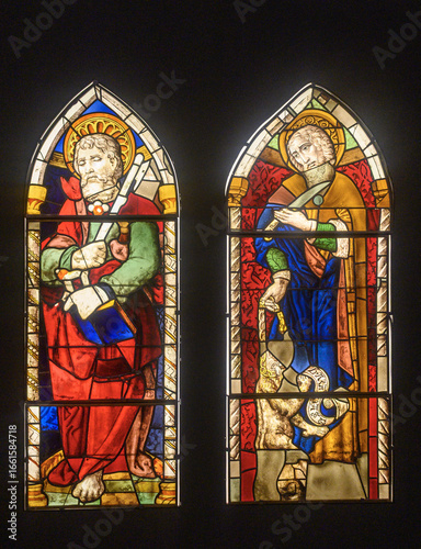 Gothic stained glass of Saint Paul and Saint Andrew in the Cathedral of Palencia