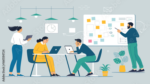 Creative business team collaborates on a project, analyzing data and planning strategy in a modern office. Ideal for teamwork, innovation, and corporate concepts.