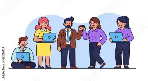 Diverse business team collaborating on digital projects, showing teamwork, communication, and technological integration in a modern work environment.
