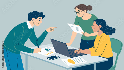 Diverse team collaborating in a modern office, working on a laptop with documents. Represents teamwork, business meetings, and project development.