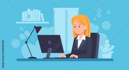 Smiling businesswoman working diligently on a computer at her modern office desk, highlighting productivity and professionalism in a corporate setting.