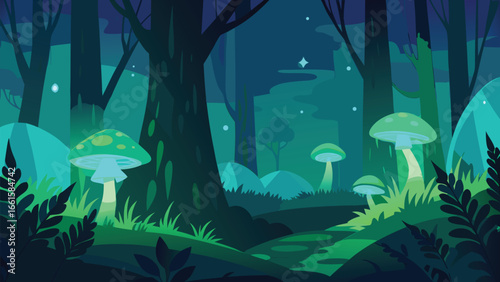 Enchanting magical forest scene with glowing luminescent mushrooms vector illustration