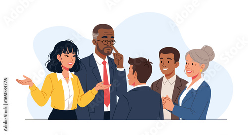 Diverse business team collaborating in a meeting. Professionals discuss ideas, showing teamwork, communication, and leadership in a corporate environment.