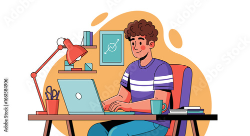 Young man working remotely on his laptop at a home desk, embodying productivity, modern work-life balance, and online education. Ideal for business or lifestyle.