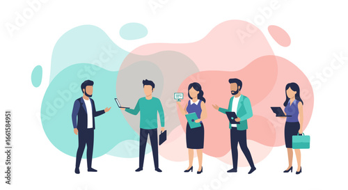 Diverse business professionals collaborate and communicate in a modern corporate setting, illustrating teamwork and digital strategy.