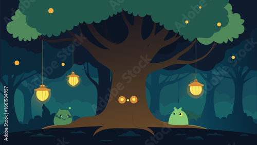 Enchanting magical tree with hanging lanterns illuminated forest ambiance vector illustration