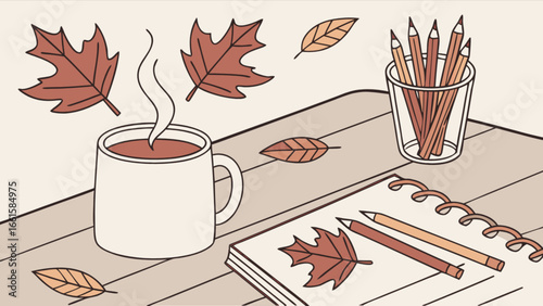 A cozy autumn scene featuring a hot beverage, leaves, and art supplies on a wooden surface top view