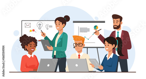 Diverse business team collaborating in a meeting, analyzing data and sharing ideas for project development. Ideal for corporate strategy, innovation, and teamwork concepts.