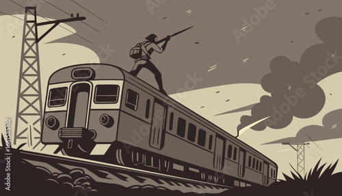 Epic South Indian action scene, hero fighting on top of a moving train, smoke and sparks everywhere, dramatic lighting, cinematic poster style, ultra realistic, 8k detail,        