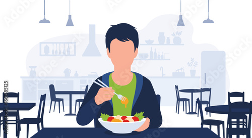 Person enjoying a fresh salad meal with fork and chopsticks in a modern restaurant setting. Represents healthy eating, lifestyle, and contemporary dining.