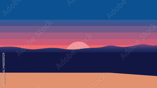 Minimalist dusk beach scene vector illustration with calm ocean and gradient sunset sky