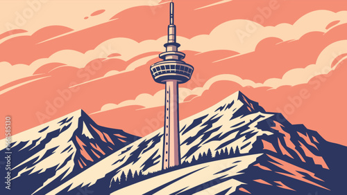 A scenic view of a tall tower standing amidst majestic mountains against a cloudy sky backdrop art
