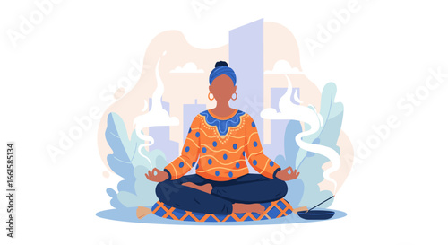 Serene woman meditates in a peaceful setting with burning incense, promoting mindfulness, relaxation, and mental wellness. Perfect for health and lifestyle concepts.
