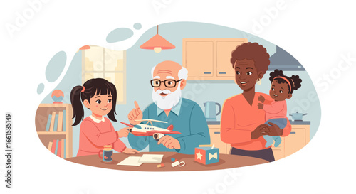 Grandfather teaches granddaughter to build a model airplane while grandmother holds the baby, illustrating joyful intergenerational family bonding and learning at home.
