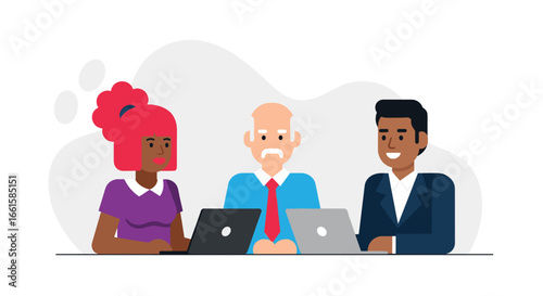 Diverse business professionals collaborate on laptops, symbolizing teamwork, modern workplace, and digital solutions. Ideal for corporate, education, or technology themes.