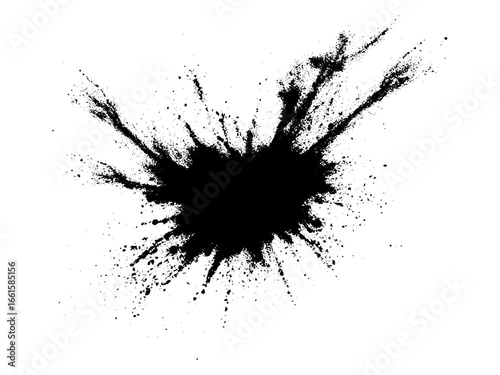 A dramatic burst of fine black powder exploding outward on a clean white background. Abstract ink-splash effect with scattered particles and dynamic energy.