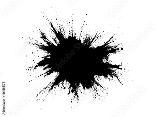 A dramatic burst of fine black powder exploding outward on a clean white background. Abstract ink-splash effect with scattered particles and dynamic energy.