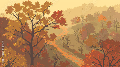 Aesthetic autumn landscape featuring a winding path through colorful trees and foliage on a misty hillside