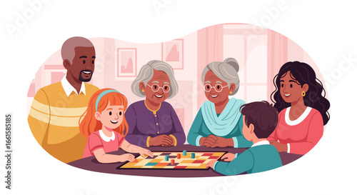 Multi-generational family happily playing a board game at home, illustrating joyful bonding, intergenerational connection, and shared leisure time.