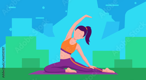 Woman in athletic wear performs a side bend stretch on a yoga mat outdoors, emphasizing fitness, health, and a balanced lifestyle.