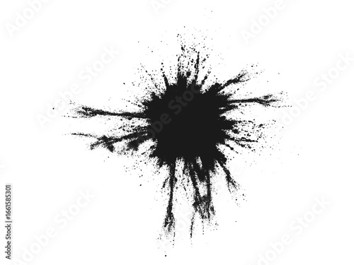 A dramatic burst of fine black powder exploding outward on a clean white background. Abstract ink-splash effect with scattered particles and dynamic energy.