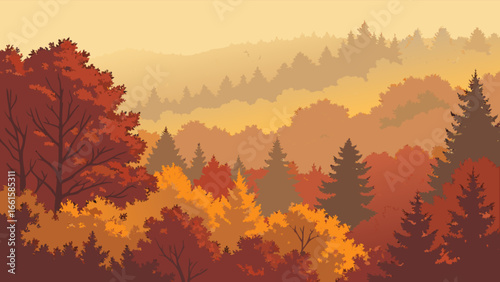 Illustration of a dense forest with autumn foliage in shades of red orange and yellow on a hazy day