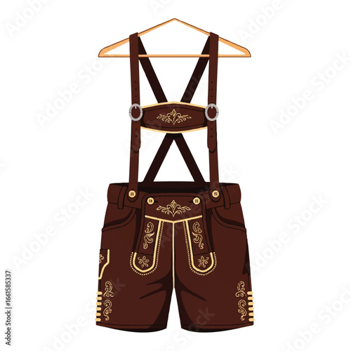 Traditional brown leather lederhosen with ornate embroidery and suspenders hanging on a wooden hanger.