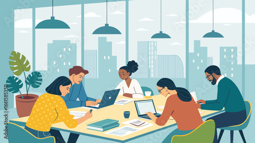 Diverse team collaborating efficiently in a modern office meeting with laptops and notes, reflecting teamwork and productivity.