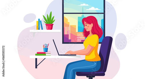 Smiling woman working remotely on laptop from her modern home office with a city view. Represents productivity, online learning, and flexible work lifestyle.