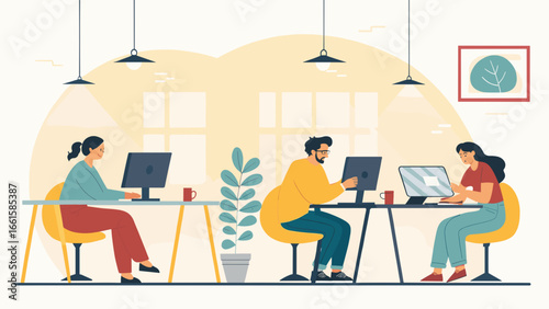 Diverse team collaborating in a bright, modern co-working office, focused on their computers. Ideal for business, technology, and productivity concepts.