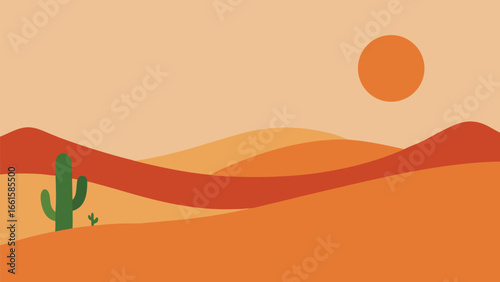 Minimalist desert landscape with rolling dunes and cactus under a warm sun vector illustration