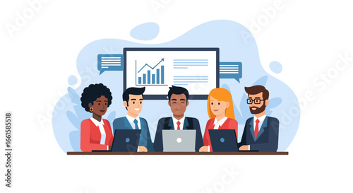 Diverse business team collaborating during a meeting with a data presentation. Ideal for concepts of teamwork, strategy, and corporate growth.